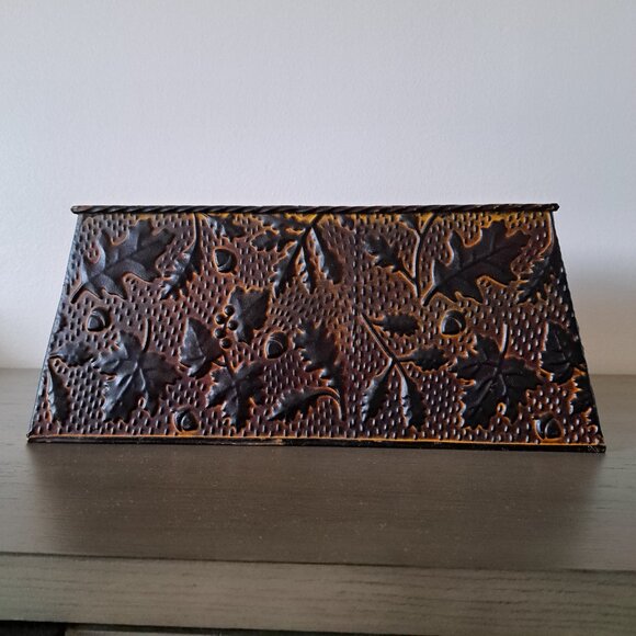 Vintage Distressed Metal Basket Fall Motif Large Ornamental Box with Handles - Picture 3 of 9